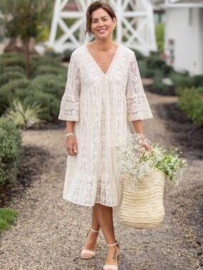 New Cream Lace Crochet Bell Sleeve Midi Dress Size Medium Oversized Baby Doll